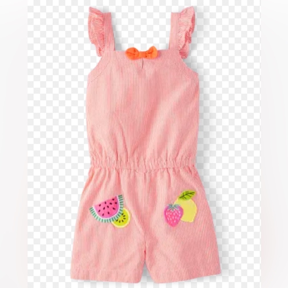 Girls Applique Fruit Seersucker Romper - Festive Fruit 12